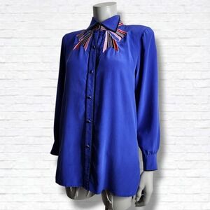 Vintage Bob Mackie Wearable Art Blue Silk Bow Embroidered Blouse Size M